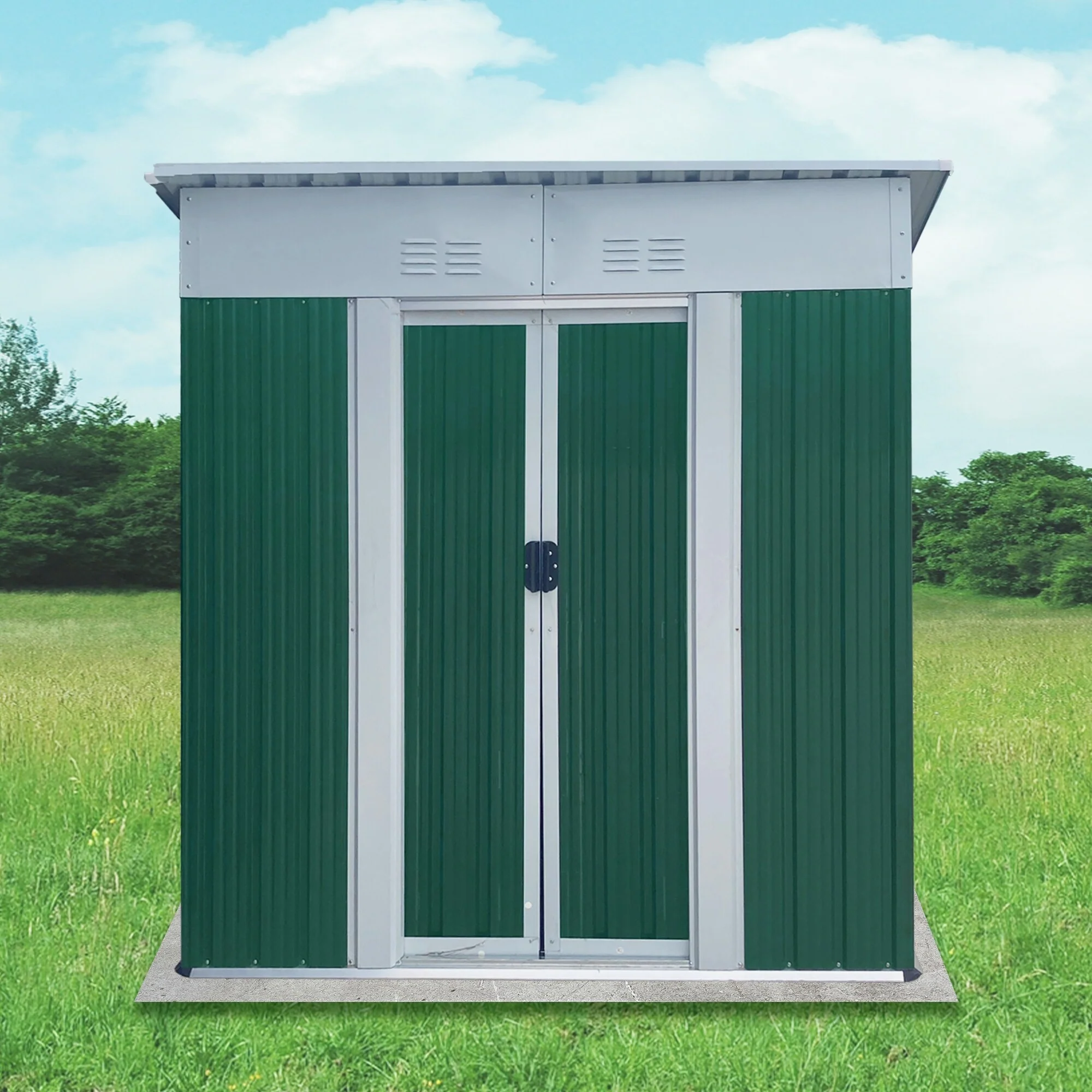 Outdoor Pent Garden Shed Metal Garden Shed with Sloped Roof & Lockable Doors Weatherproof Tool Shed for Backyard