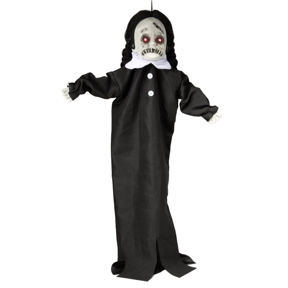 Décoration Halloween à suspendre poupée cicatrice son et lumière noir yeux rouges H90cm