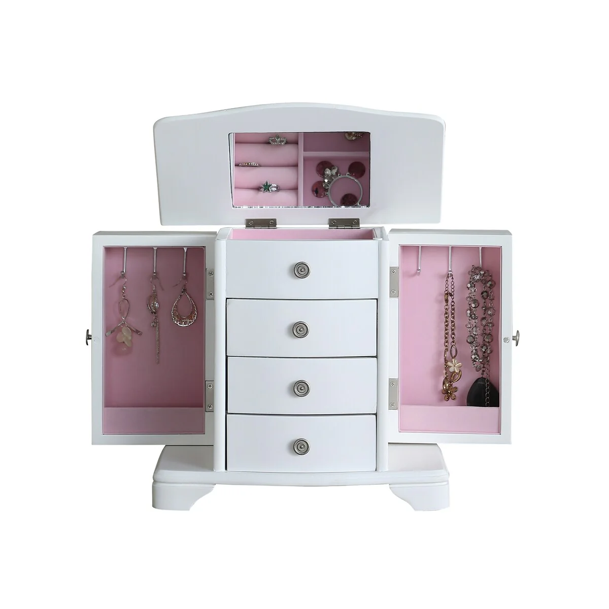 Snow White Wood Jewelry Box with 3 Drawers and 2 doors - 6*10*9.5inch