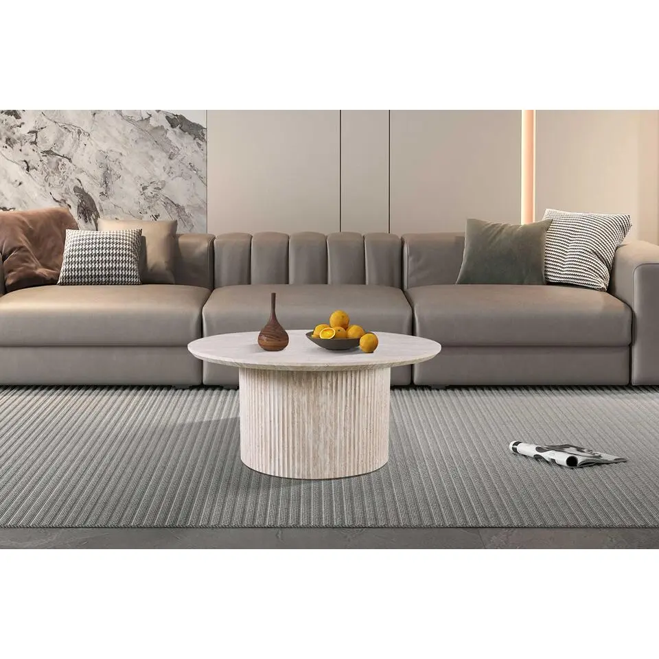 Rousseau Lagos' 80 cm Ronde Salontafel Travertin Beige - Matte MDF Structuur, 25