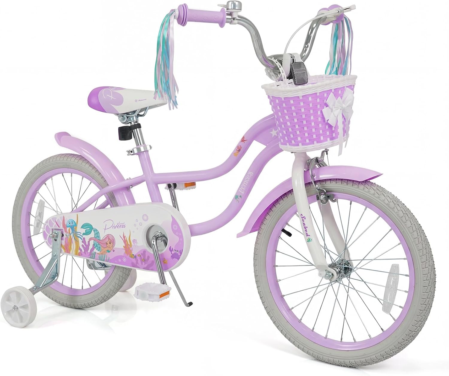 BABY JOY Kids Bike, 12 14 16 18 Mermaid Girls Bike for 3-8 Years Old w/Basket, Training Wheels, Hand & Coaster Brakes, Adjustable Seat & Handlebar, 20 Children Bicycle with Kickstand for 8+