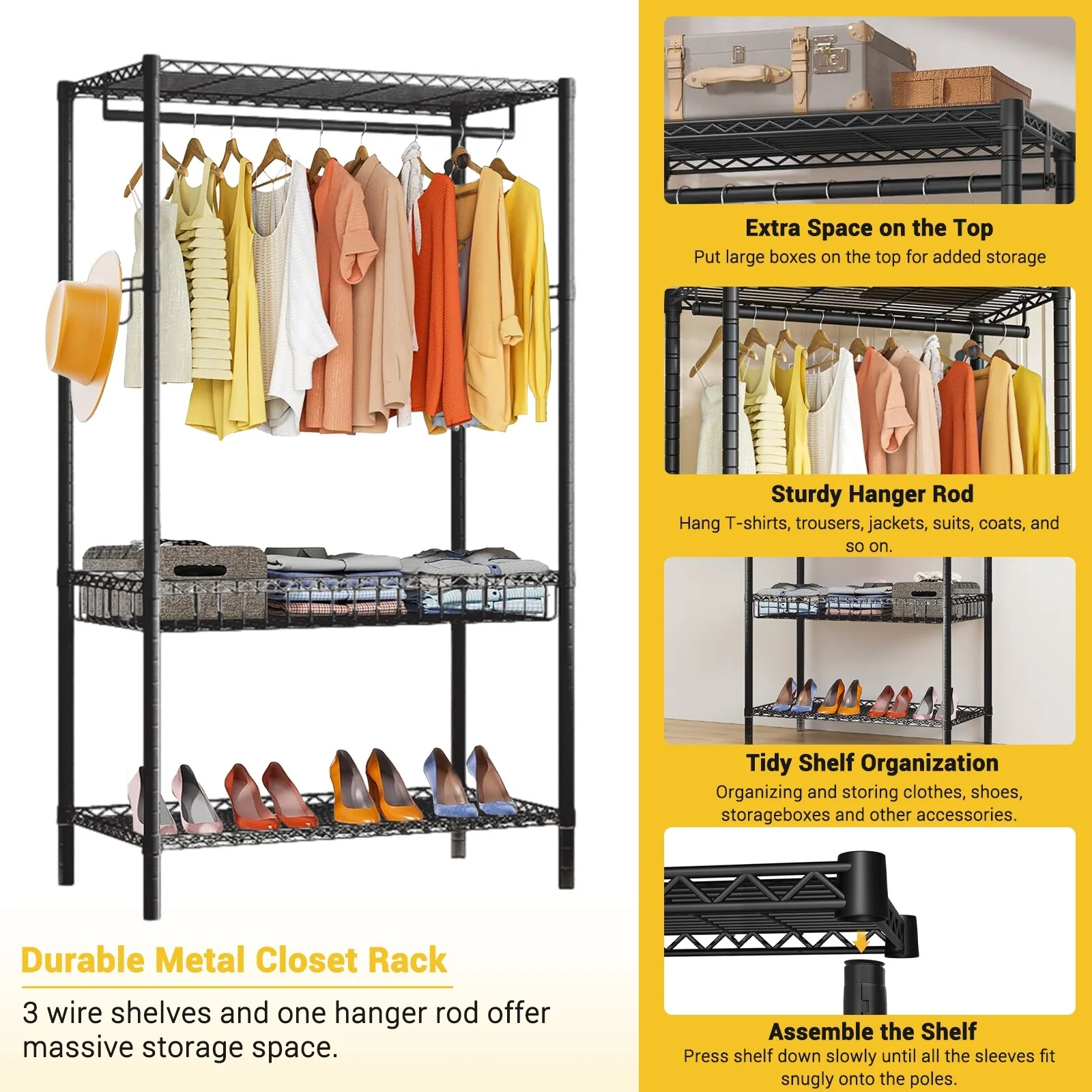 Heavy Duty Clothes Rack, 3 Tiers Wire Garment Rack for Hanging Clothes, Clothing Racks With 2 Shelves And 1 Hang Rod