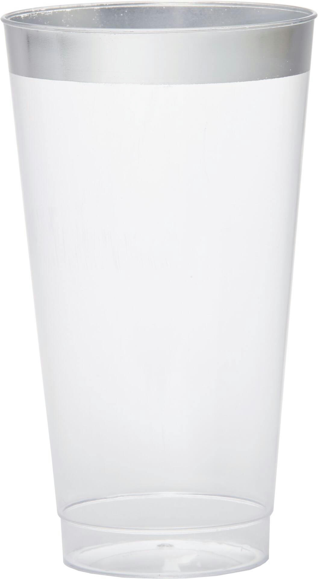 Bordered Trimmed Plastic Reusable Tumbler Cups, Clear/Silver, 16-oz, 16-pk, for New Year's Eve/Christmas/Graduation