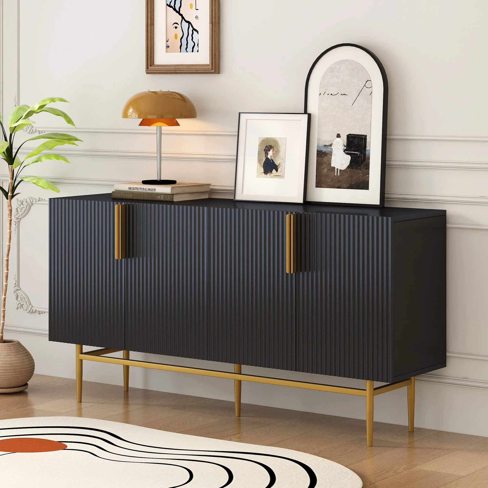 Modern 4-Door Sideboard with Adjustable Shelves and Gold Metal Handles for Dining Room, Living Room, Bedroom