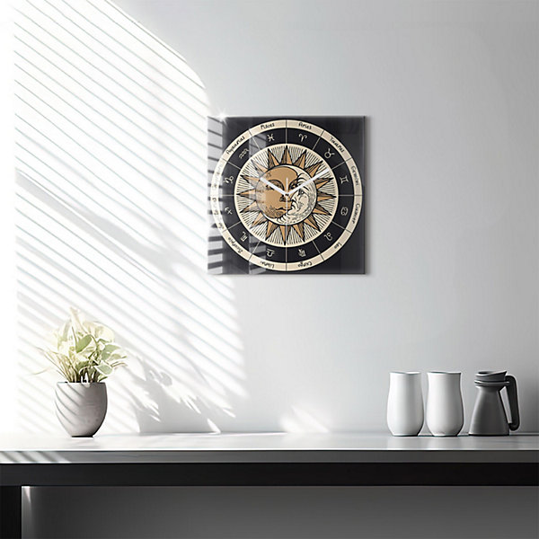 Horloge murale Wallfluent 30x30 cm Aiguilles blanches Soleil et signes du zodiaque 1 pcs