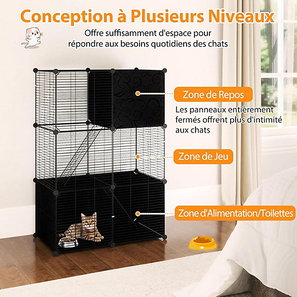 Cage pour Chat Interieur, Enclos Chat en Fil Métallique Modulable avec 3 Portes et 2 échells, Montage Personnalisé, Chambre, Salon
