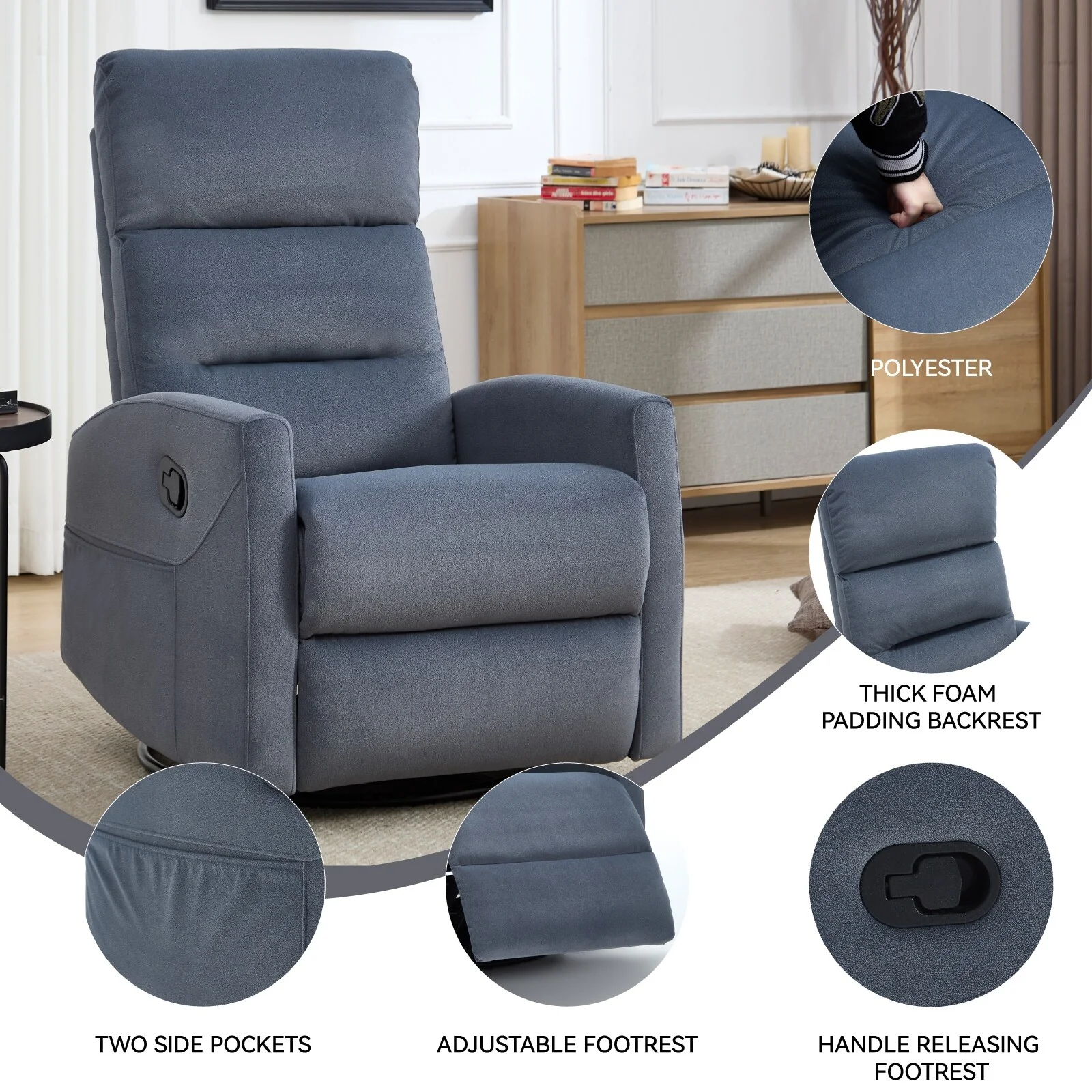 360° Swivel Rocker Fabric Single Manual Recliner Sofa with Cushion Back and Square Arms, Nursery Chairs