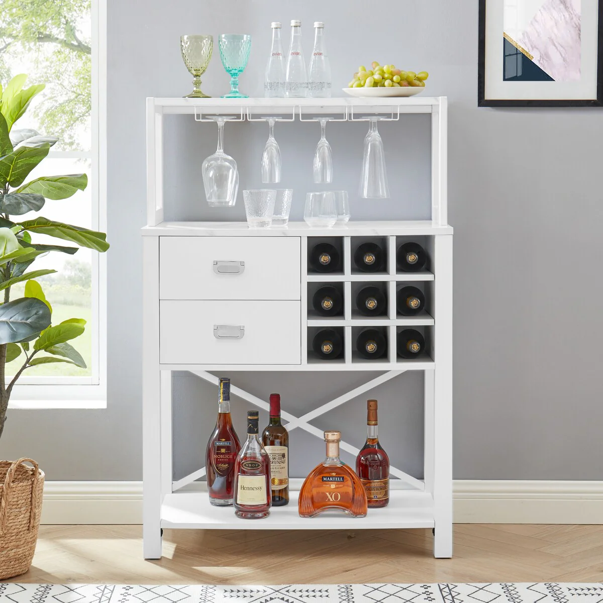 32 in. Wood Buffet Bar Cabinet with Wine Rack with Marbling Pattern Countertop