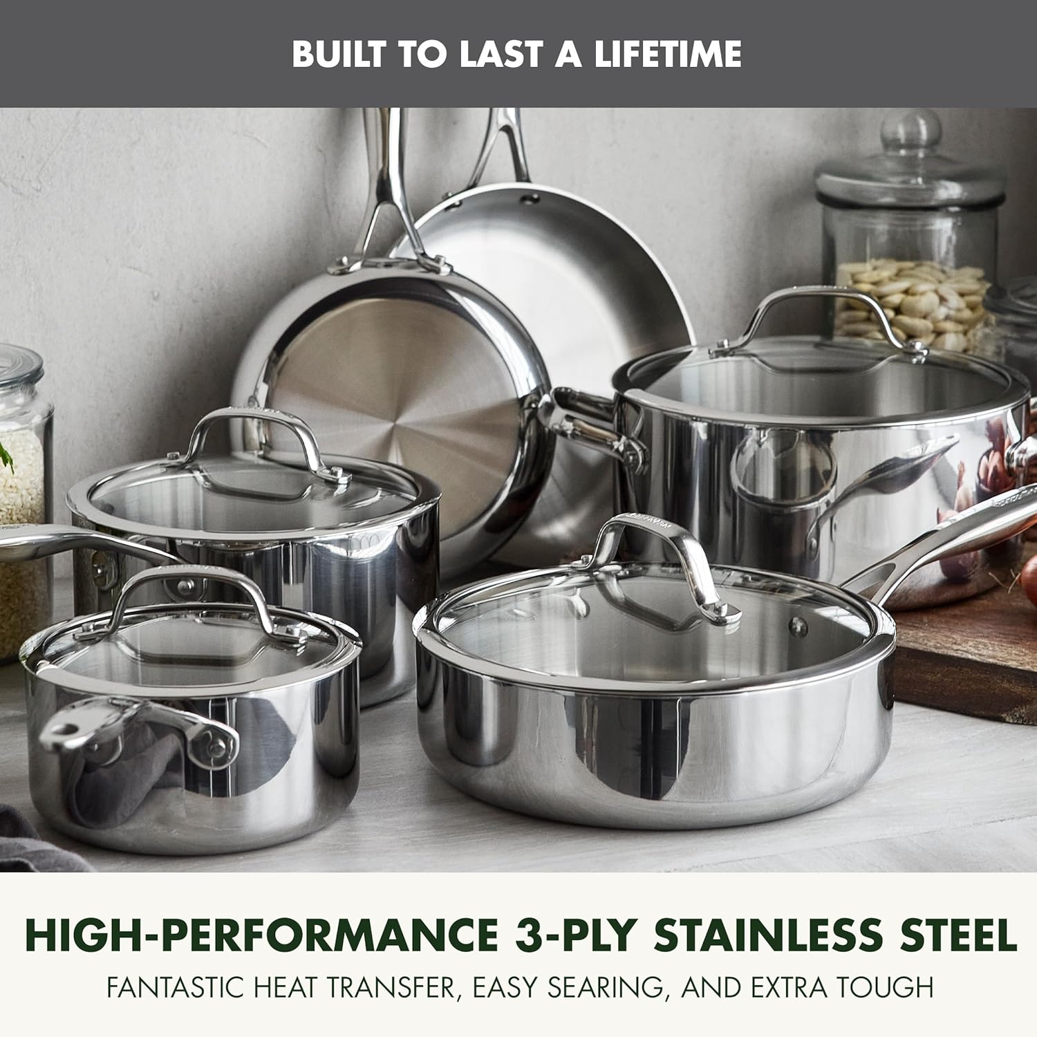 GreenPan Valencia Pro Tri-Ply Stainless Steel 10 Piece Cookware Set, Induction Ready Pots & Pans, Mirror Finish, Dishwasher & Oven/Broiler Safe to 600F, Compatible with All Cooktops