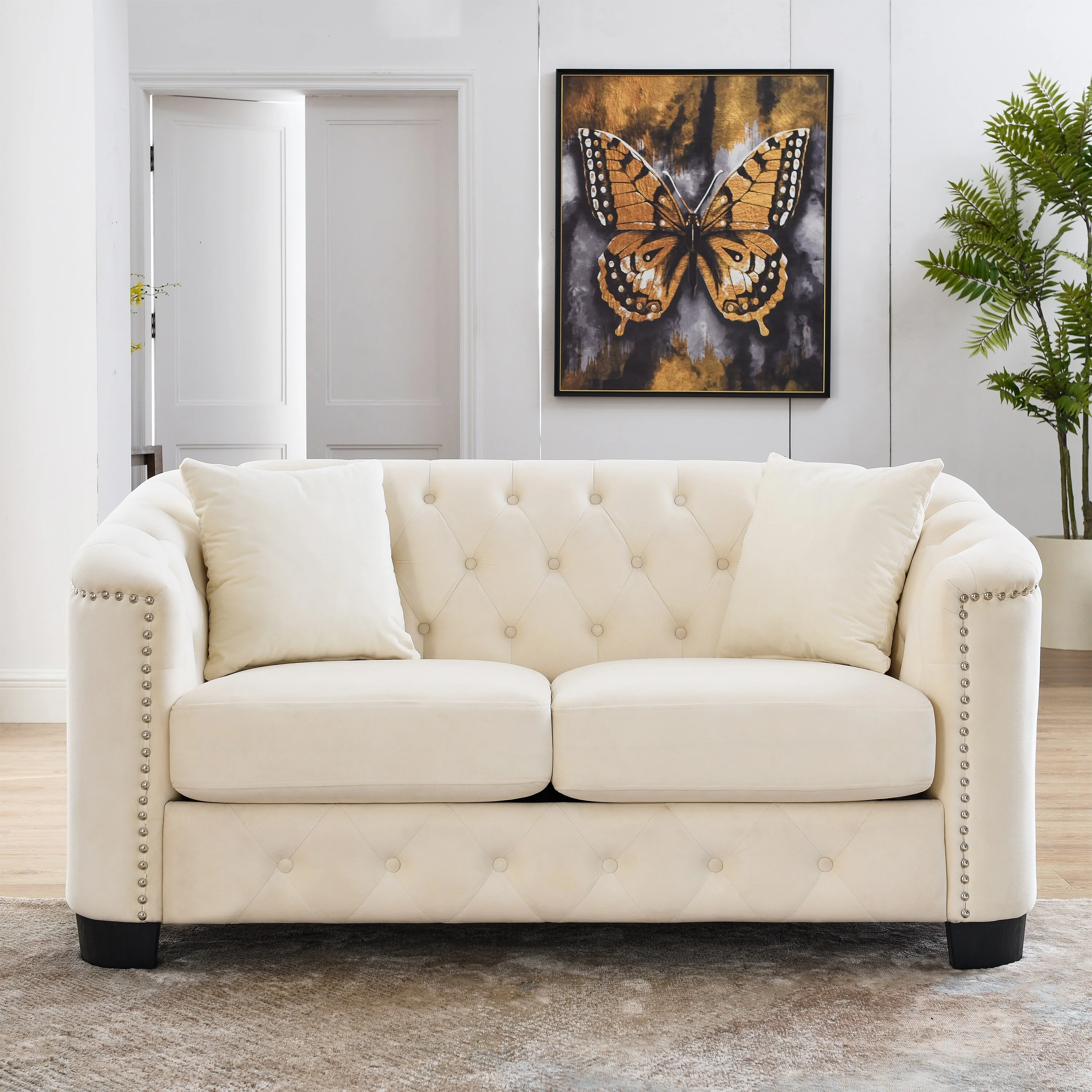 77'' Modern Velvet 3-Seater Sofa with Tufted Backrests, Nailhead Trim, and 2 Pillows