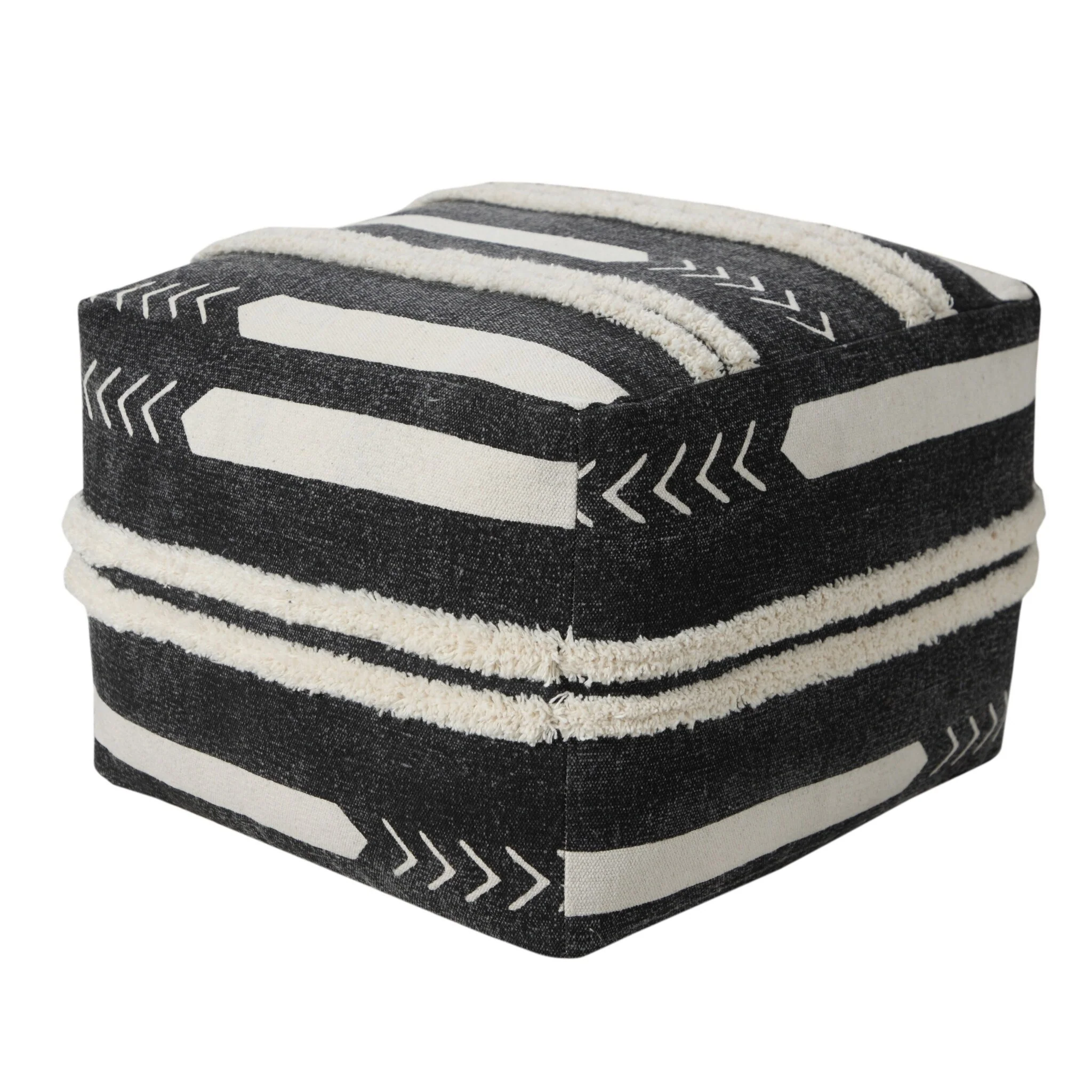 Modern 18 Inch Black Cotton Pouf Ottoman with Geometric Design