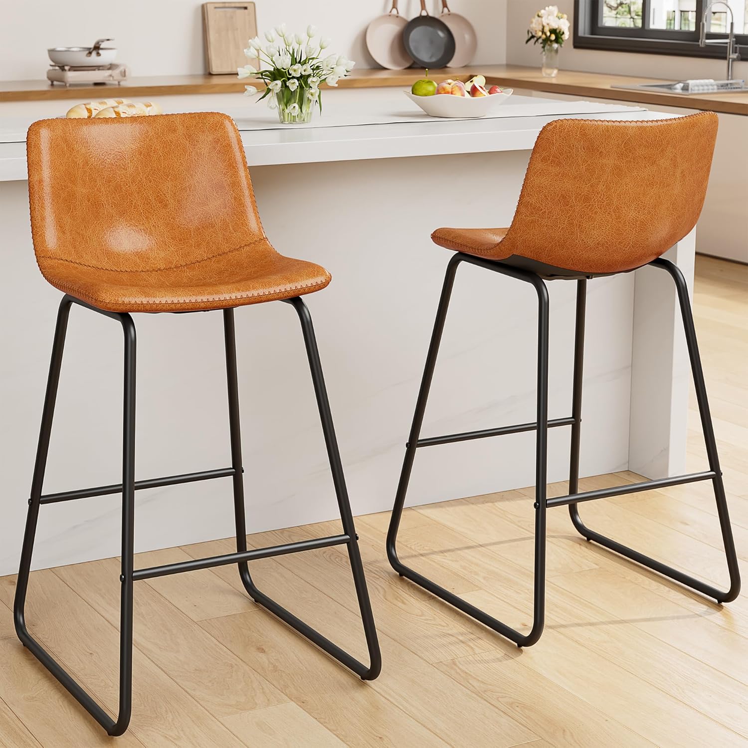 Bar Stools Set of 4, PU Leather Counter Height Bar Stools, 26 Modern Barstools with Metal Legs and Footrest, Urban Armless Dining Chairs with Backrest for Kitchen Island (Brown)