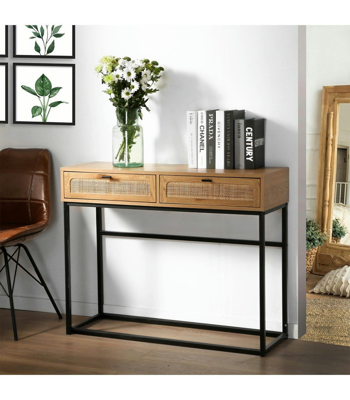 JAYA - Console 2 Tiroirs Aspect Chêne avec Cannage Rotin - L100cm