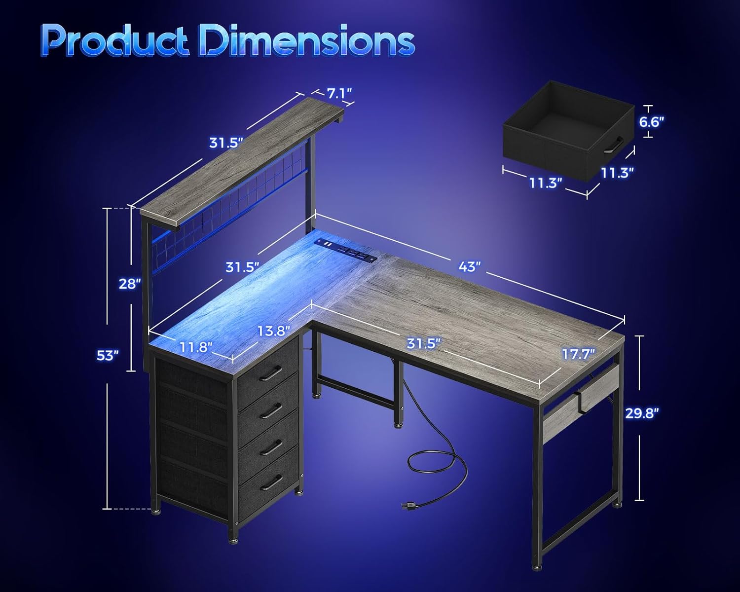 MOTPK 43” L Shaped Gaming Desk for Small Rooms, Compact Corner Computer Table with Shelf & Hutch, 4 Drawers, Reversible Study Table with LED Light, Power Outlets & USB Ports, Home Office, Grey Oak