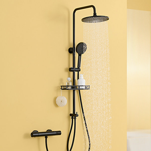 Colonne de Douche, Réglable Hauteur avec étagère Douche Set kit Douche sans Robinet avec Pommeau Douche Rond 25cm,Noir