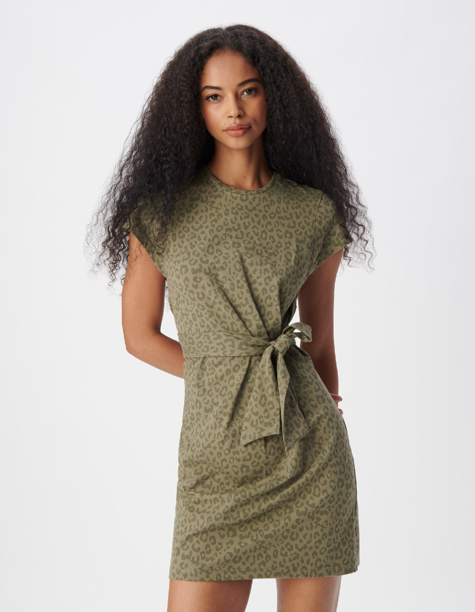 Robe kaki imprimé léopard ceinture à nouer Femme