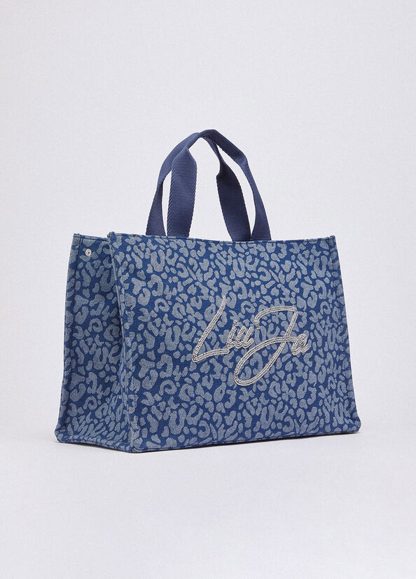 Tote bag grande in denim animalier