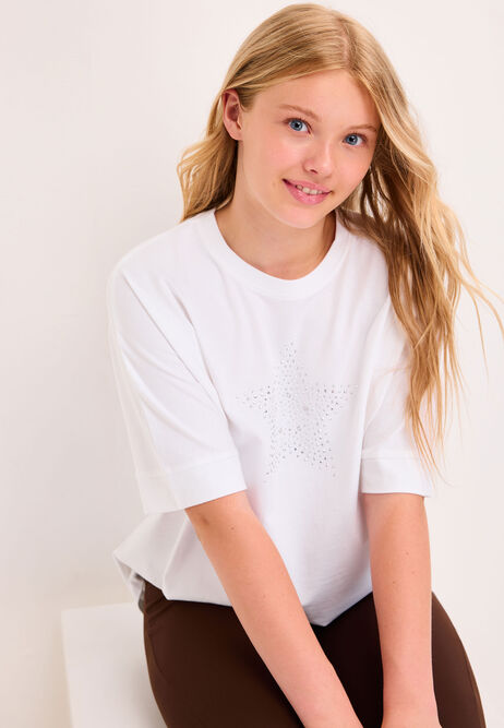Older Girls White Star Curve Hem T-Shirt