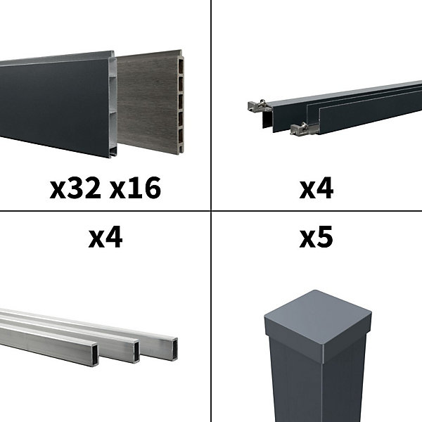 Kit Clôture Aluminium BAHIA &CRUZ Ardoise 7,38x1,8m - Bois Composite &Aluminium - Poteaux Gris - Brise Vue - Palissade