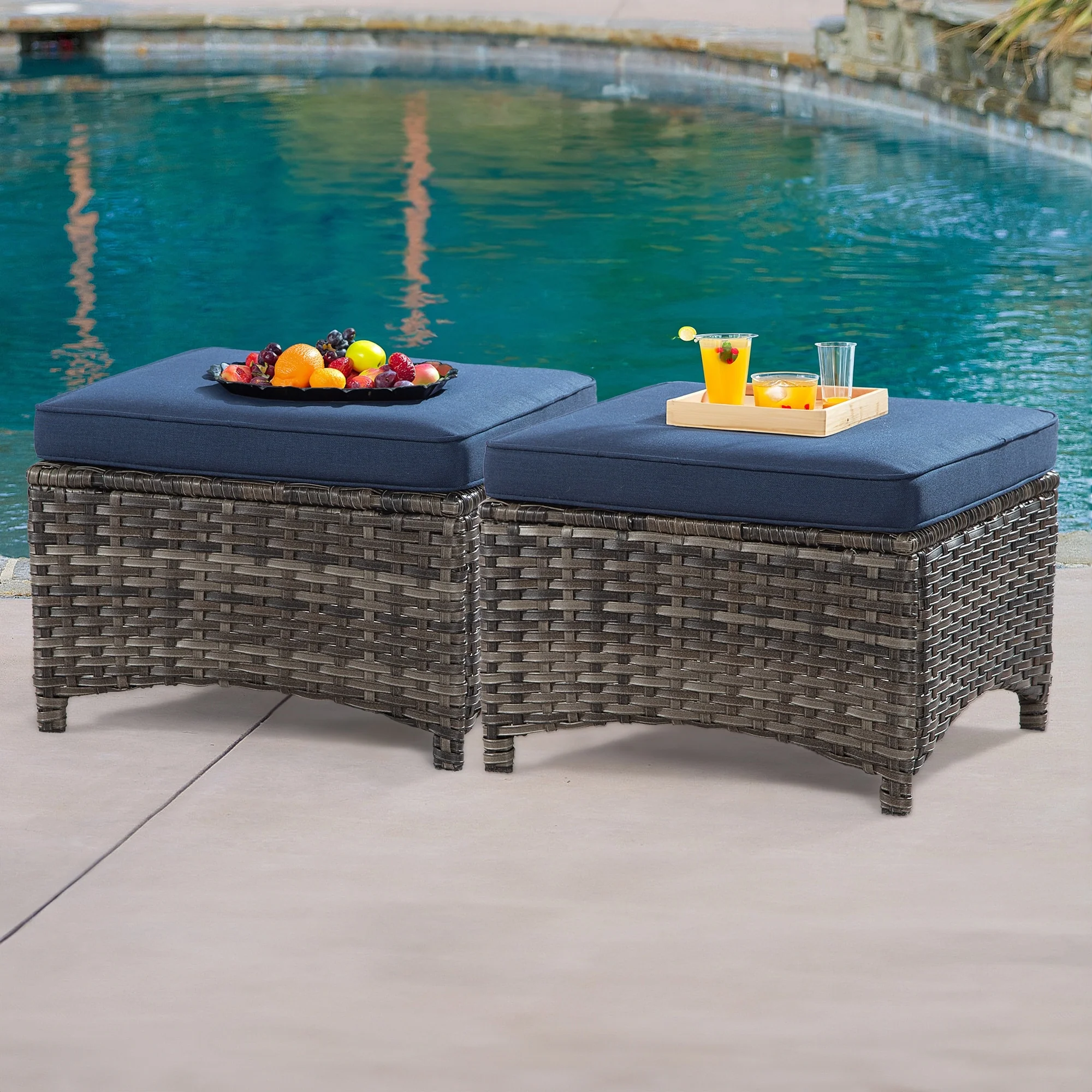 Cozywor 2-Piece Wicker Outdoor Patio Ottoman Set with Cushions