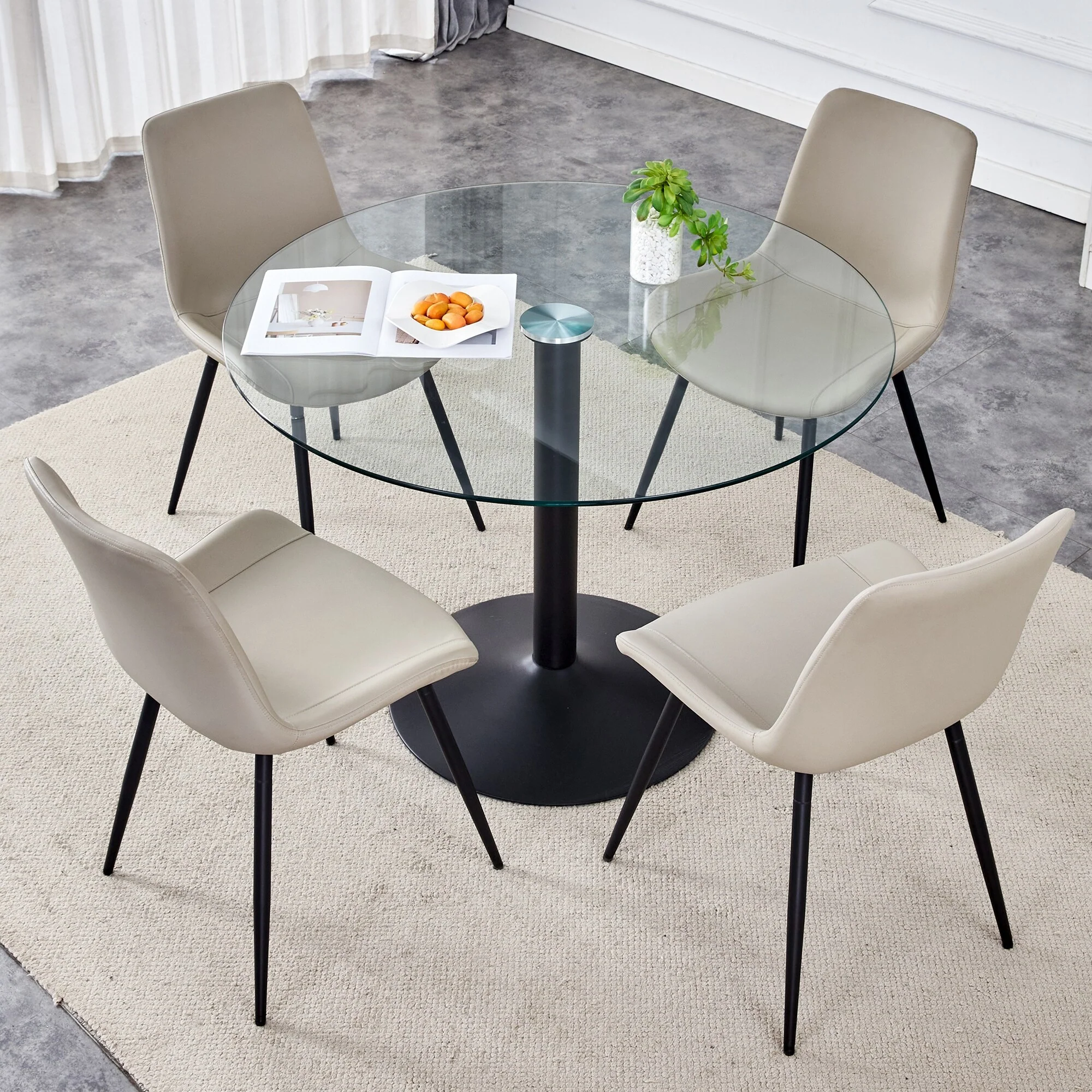 Modern Style Dining Set with Round Transparent Tempered Glass Table and Curved Widened Cushion Dining Chairs