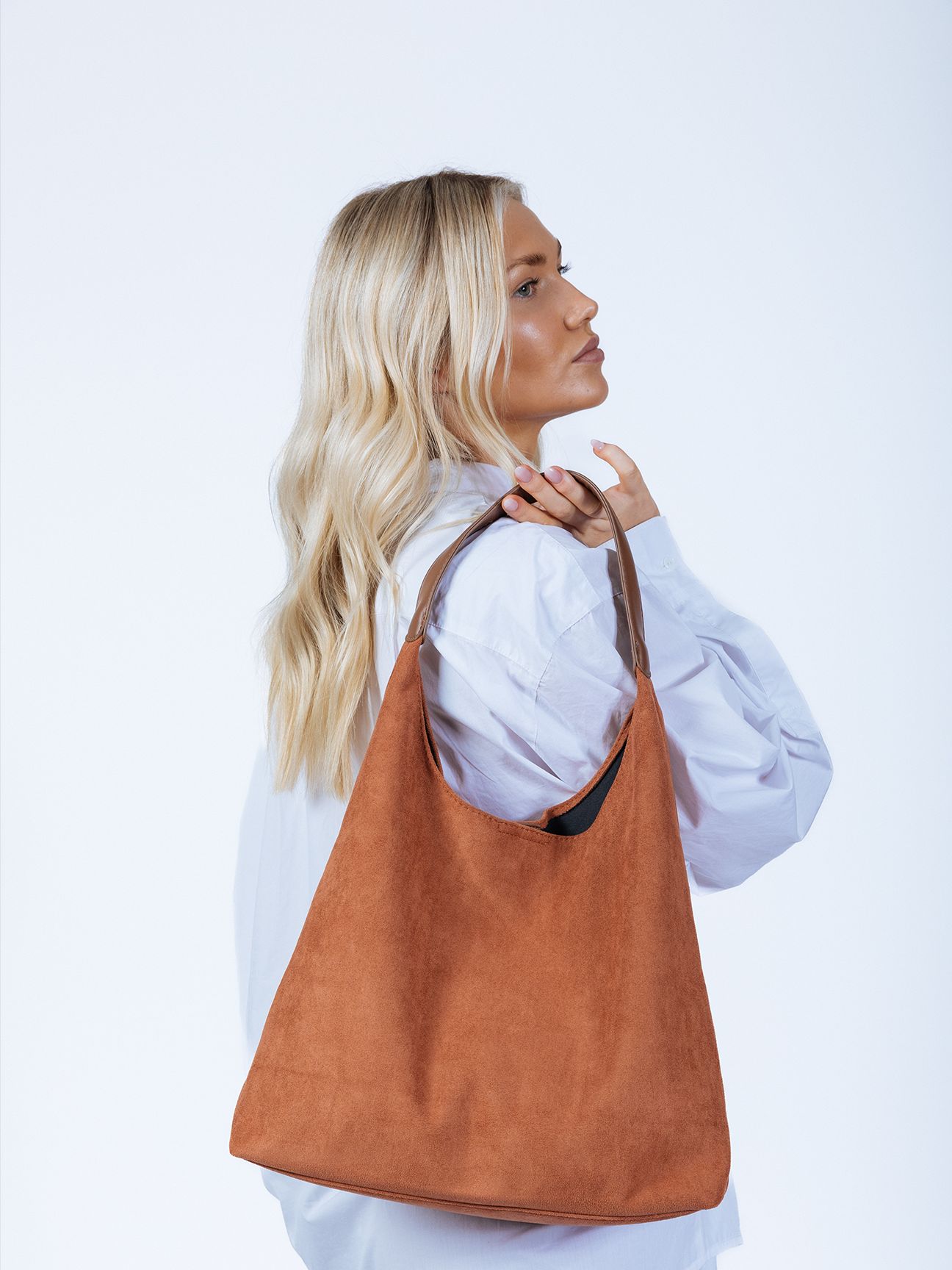 SVNX Suede Hobo Shoulder Bag in Tan