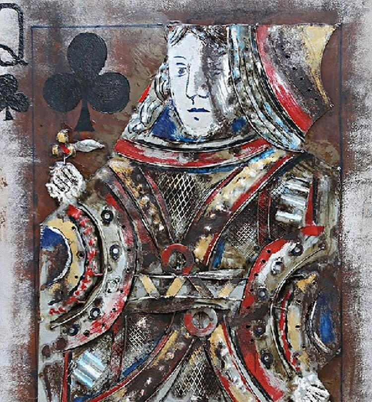 MÉTAL BRASS - Tableau relief en métal carte dame de trefle 120x80