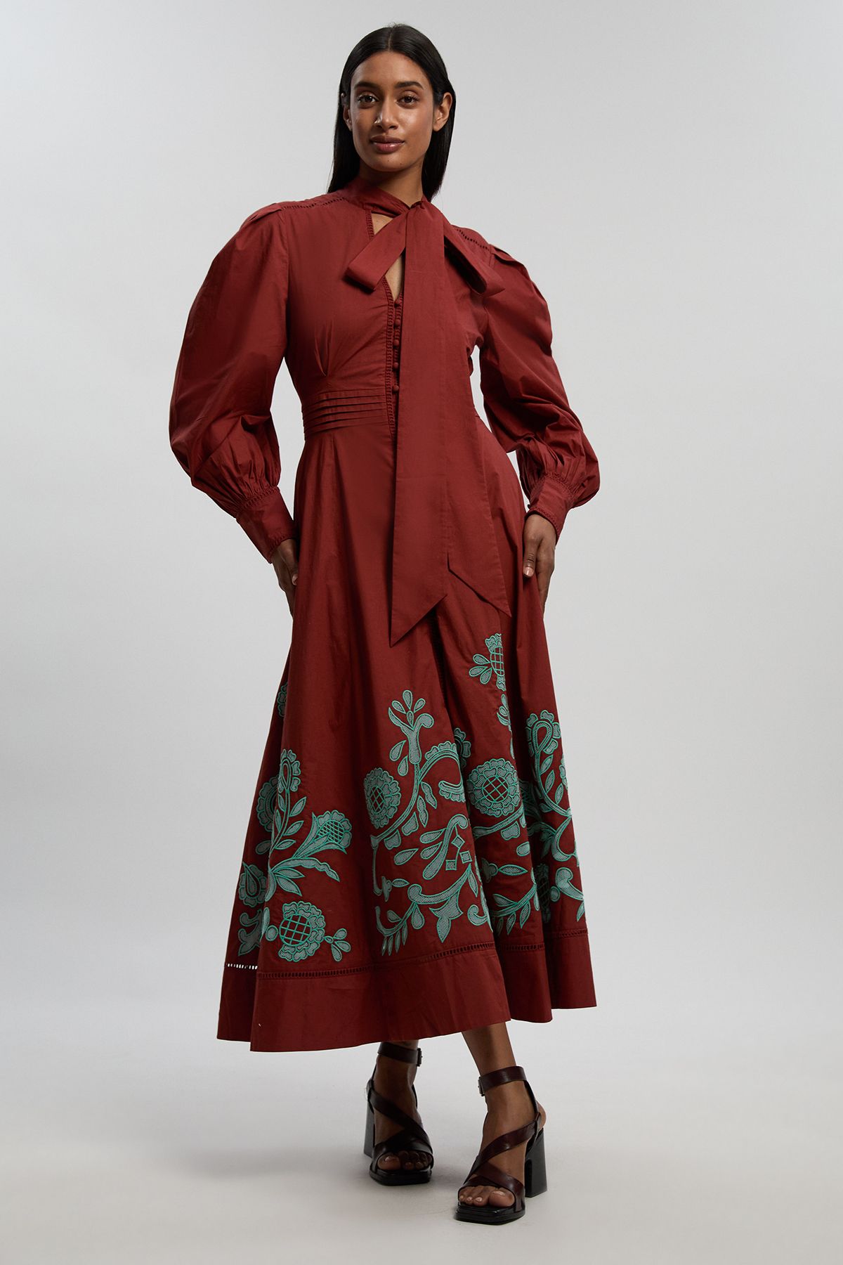 KarenMillen Cotton Border Cutwork Maxi Dress With Ladder Lace Trim