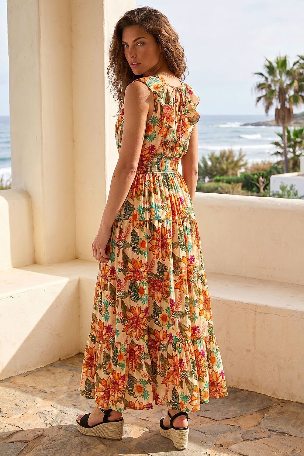 Roman Floral Print Frill V-Neck Maxi Dress