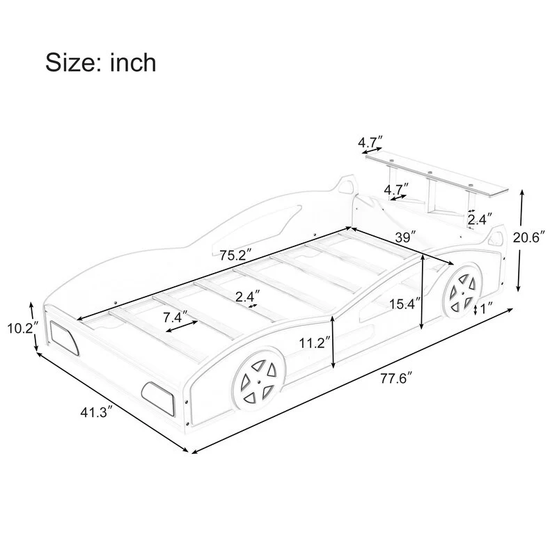 Wooden Race Car Bed, Car-Shaped Platform Twin Bed with Wheels For Teens