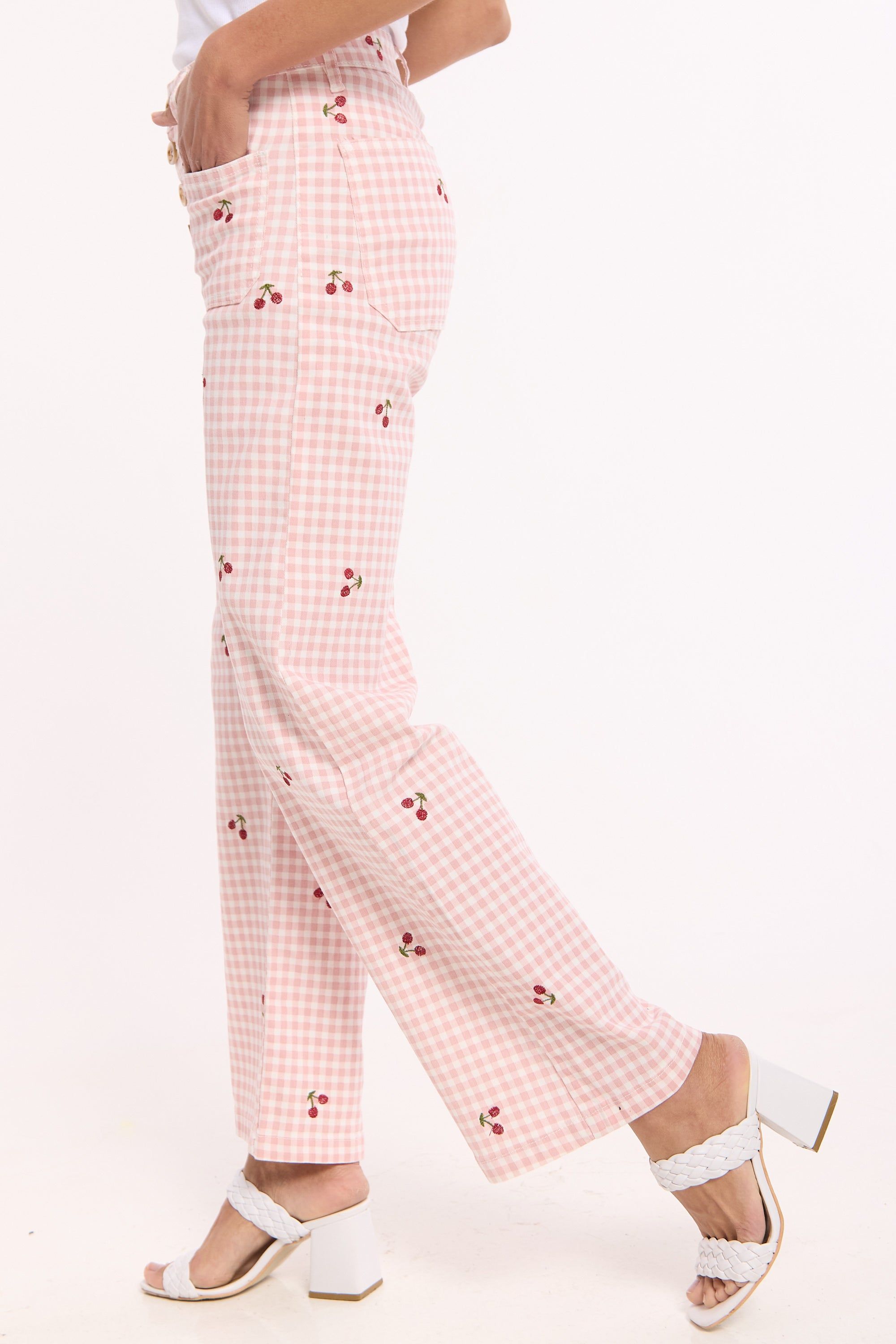 House of Holland Pink Gingham Cherry Straight Leg Trousers