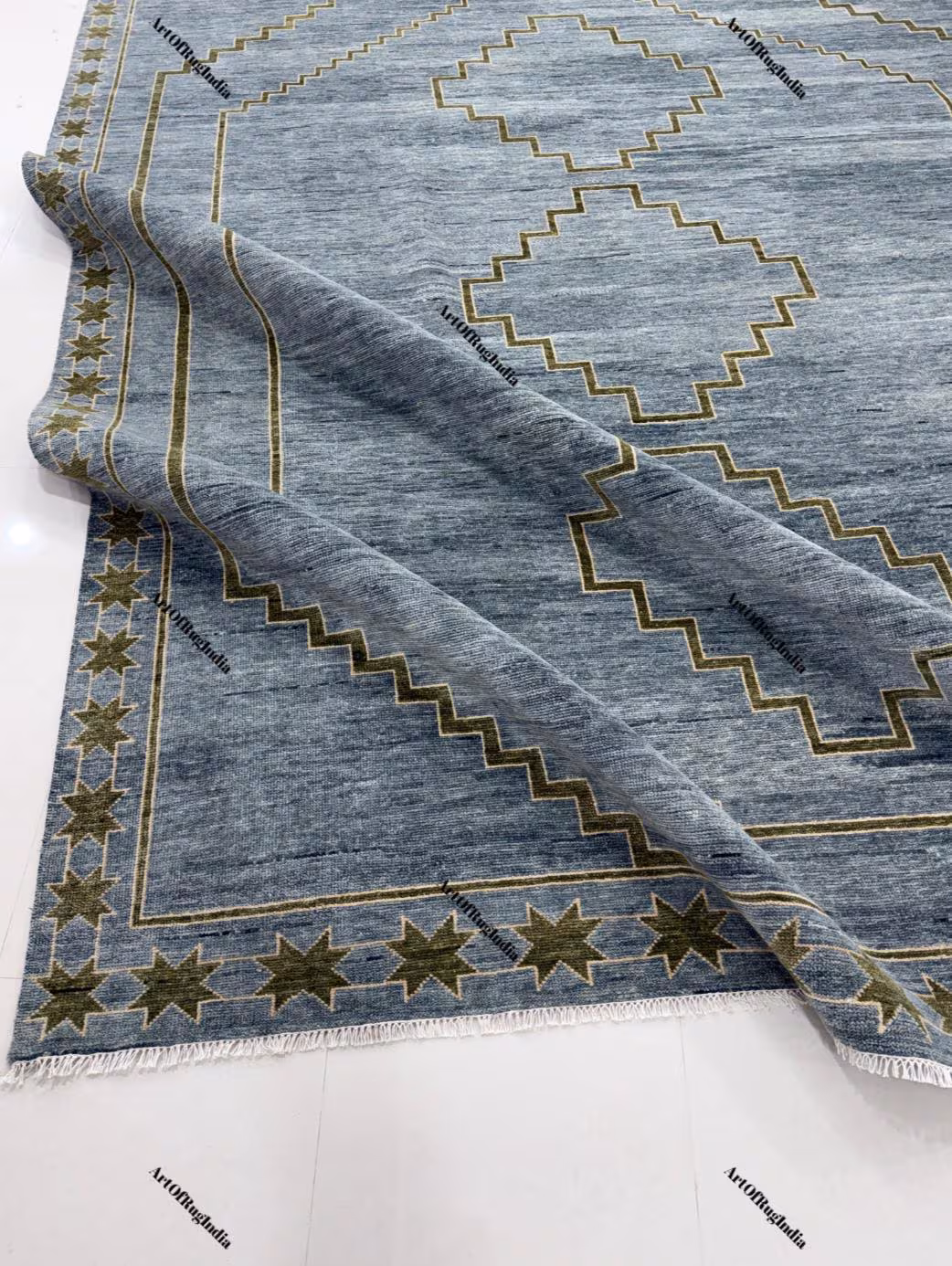 Blue & Sage Oushak Rug | Hand-knotted Wool Area Rug | Modern Turkish Style Carpet.