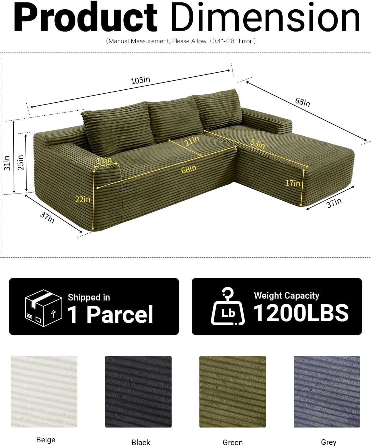 96 Cloud Sectional Couch,Modular Sectional Sofa with Deep Seat,Modern Corduroy Boneless Couches with L-Shape Chaise for Living Room Bedroom,No Assembly Required (Green, Right Facing Chaise)