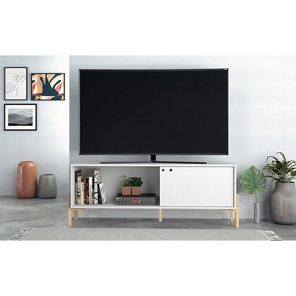 Meuble TV 65 Pouces Blanc 1 Porte Coulissante 2 Niches - L 140 x l 35 x H 49.5 cm