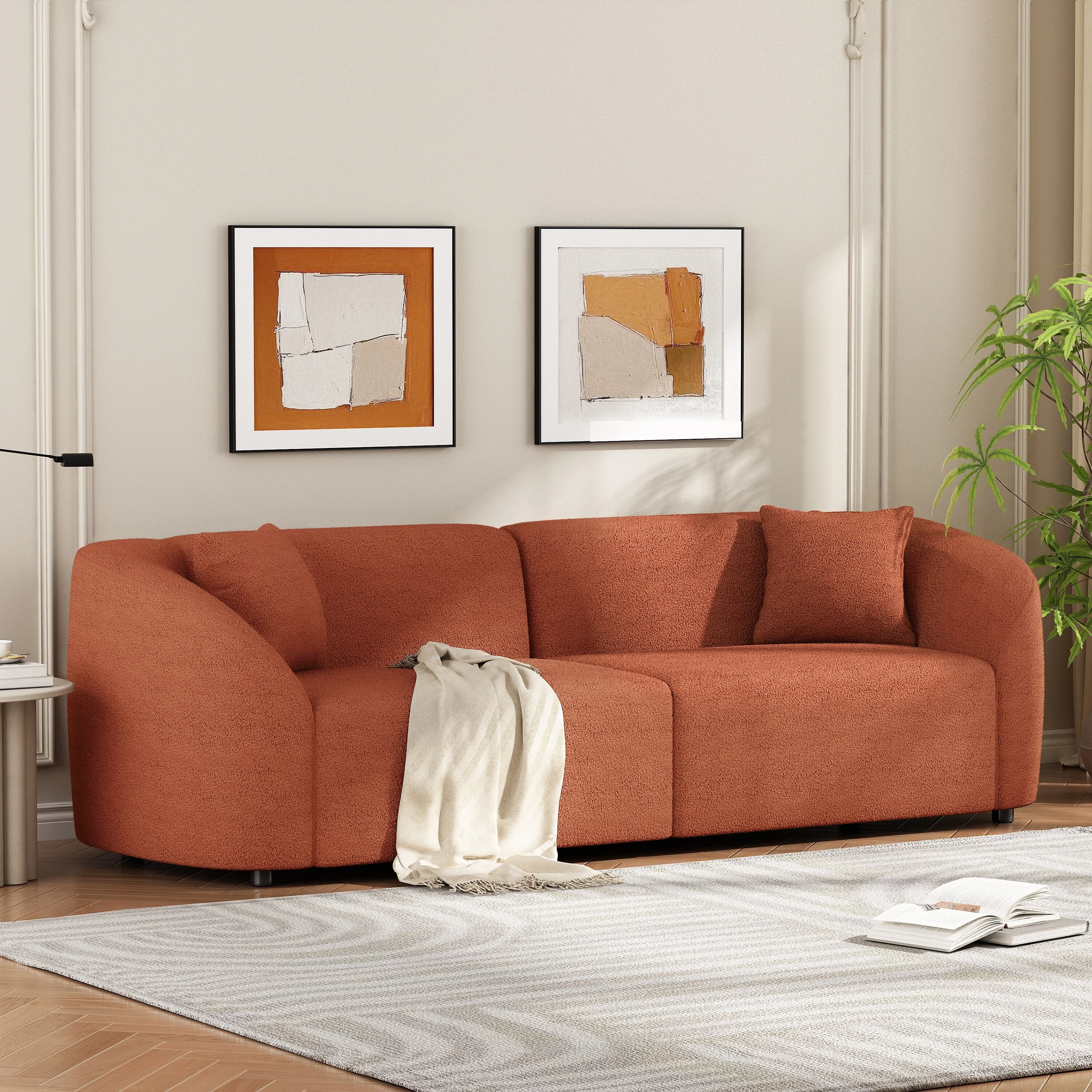 Curved Contemporary Sofa In Orange: Plush Seating, Streamlined Design, And Durable Frame
