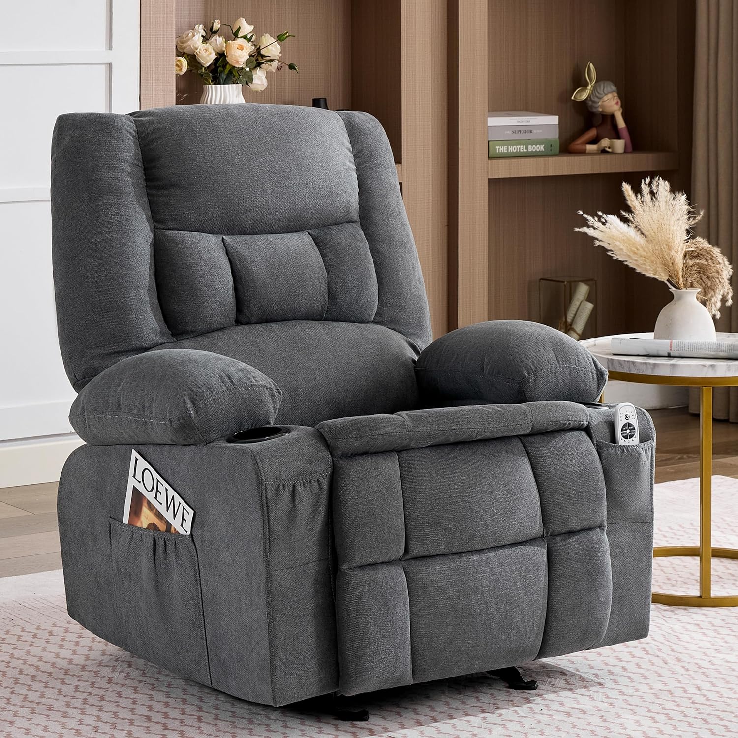 Rocker Recliner Chair with Massage and Heat, Recliner Chair for Adults, Nursery Rocking Chairs for Living Room, Ergonomic Comfy Relining Chair with Cup Holders, USB Charge Port, Side Pockets, Grey