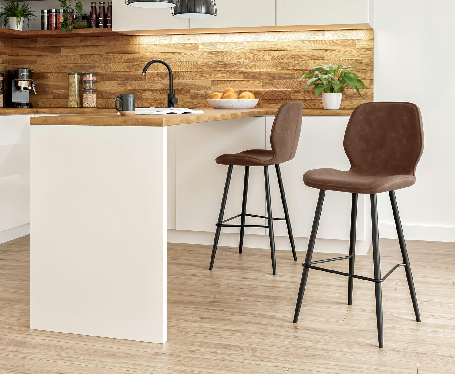 ETHAN - Lot de 2 tabourets de bar en pu marron piètement noir