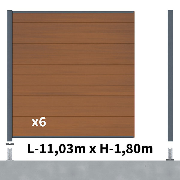 Kit Clôture Composite CRUZ Teck 11x1,8m - Bois composite &Aluminium - Poteaux sur Platines Gris - Brise vue - Palissade