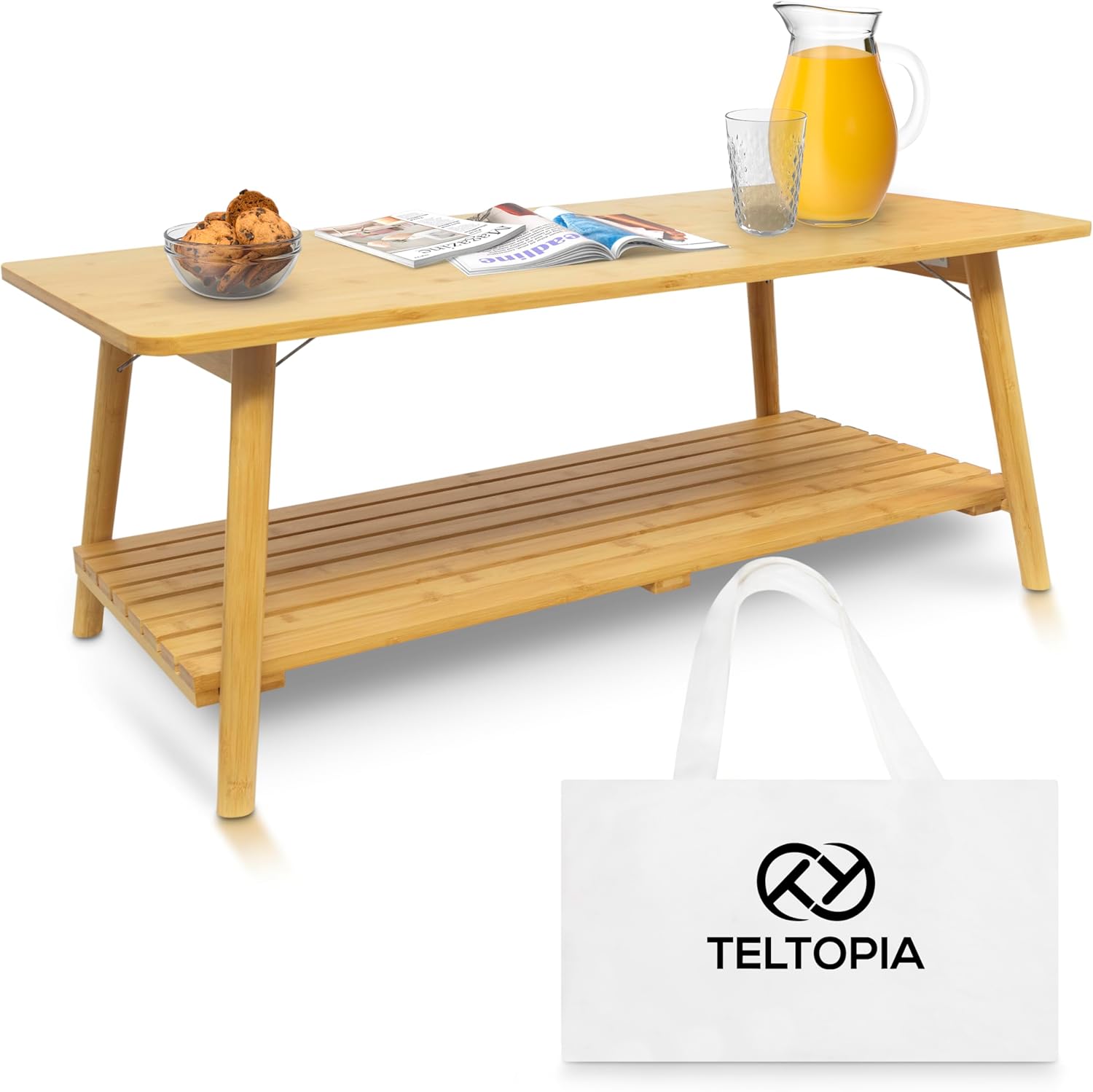 TelTopia Compact Folding Coffee Table – Foldable Collapsible Bamboo Table for Small Living Rooms, Apartments & Dorms – Portable with Removable Shelf & Bag