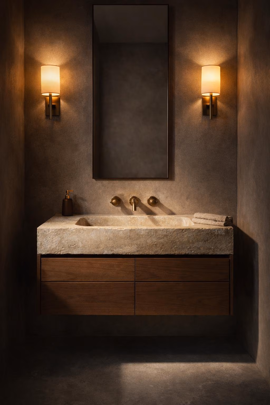 Travertine Bathroom Sink or Floating Wood Vanity | Solid Stone Washbasin | Custom Sizes