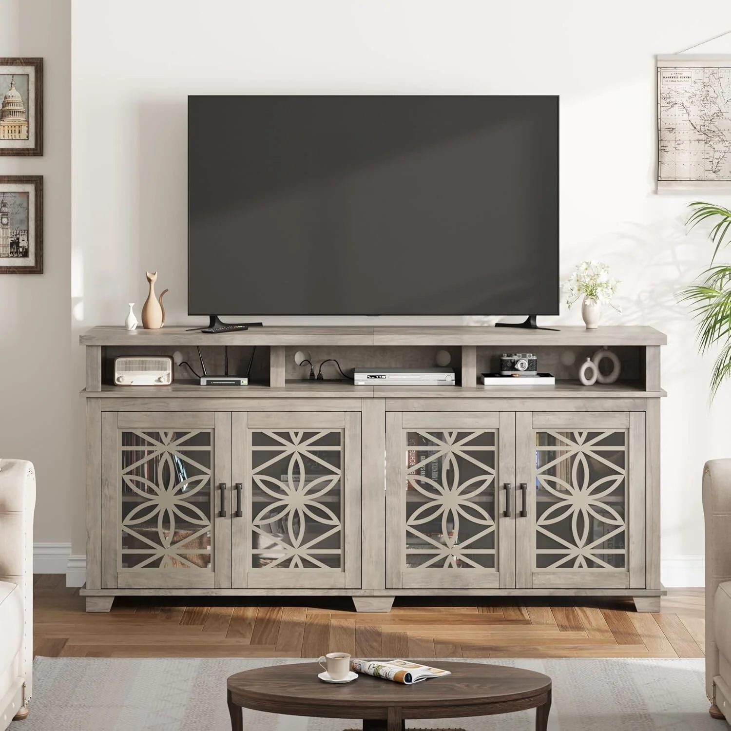 Farmhouse TV Stand for 81 Inch, Modern Entertainment Center,Wooden Media Console Cabinet