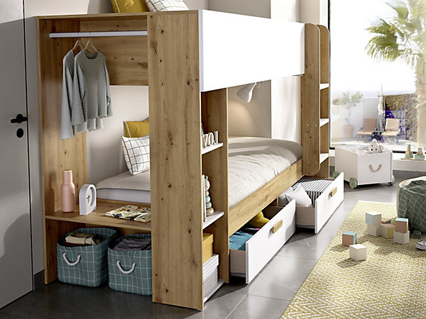 Lits superposés 2 x 90 x 200 cm avec rangements et penderie - Blanc et naturel   Matelas - OSANA