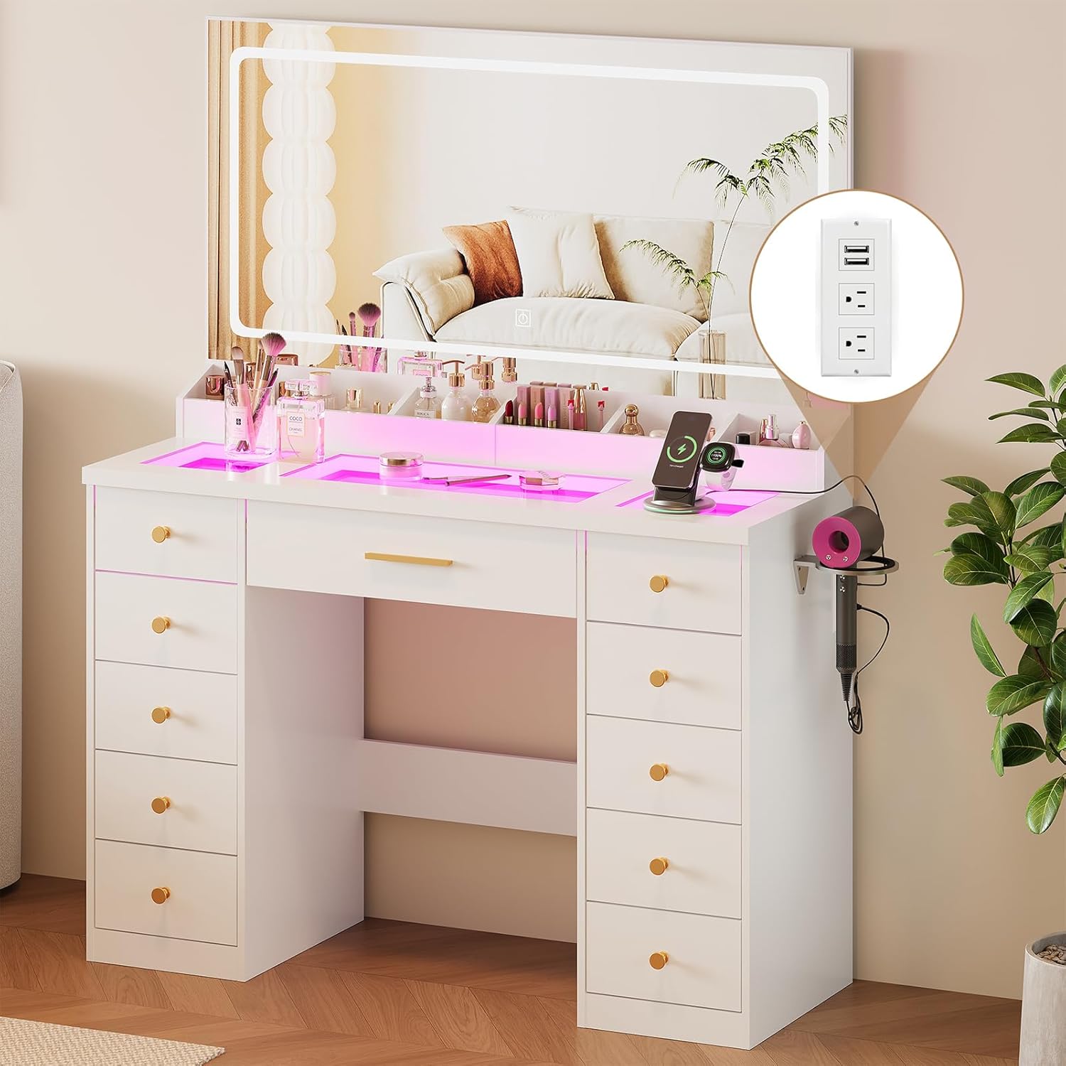 White Vanity Desk with Mirror and Lights,Glass Top Vanity Table with Power Outlet,Dressing Table with 11 RGB Drawers,3 Led Light Modes,Makeup Vanity Desk for Bedroom Women Girls