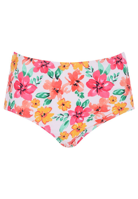 Womens White & Pink Floral Print High Waist Bikini Bottoms
