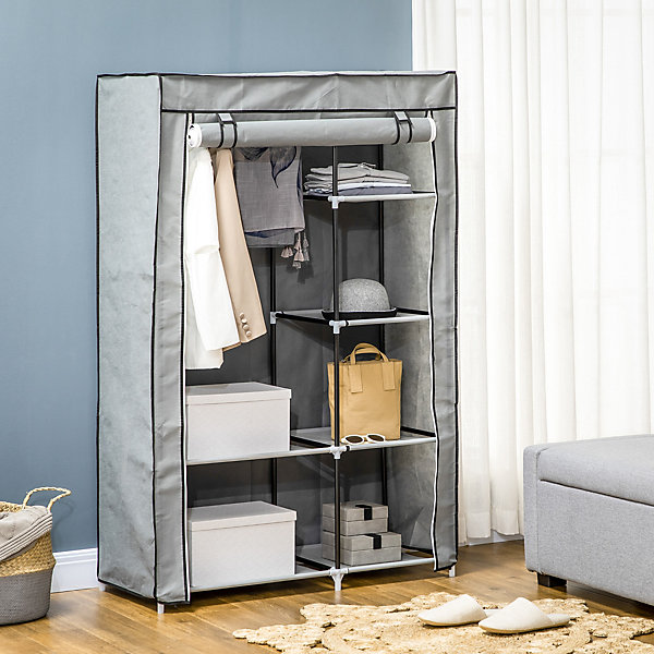 Armoire 103x43x162,5 cm en tissu gris avec 6 étagères, barre penderie, fermeture zippée et cadre métal stable
