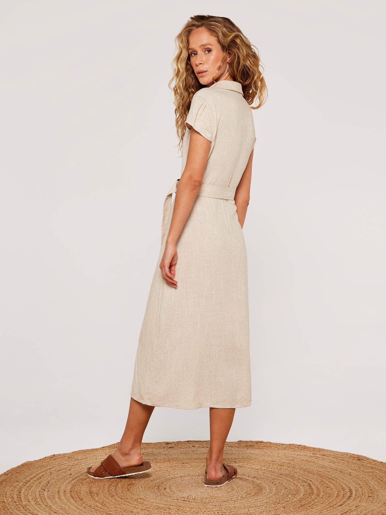 Apricot Linen Blend Belted Shirt Midi Dress