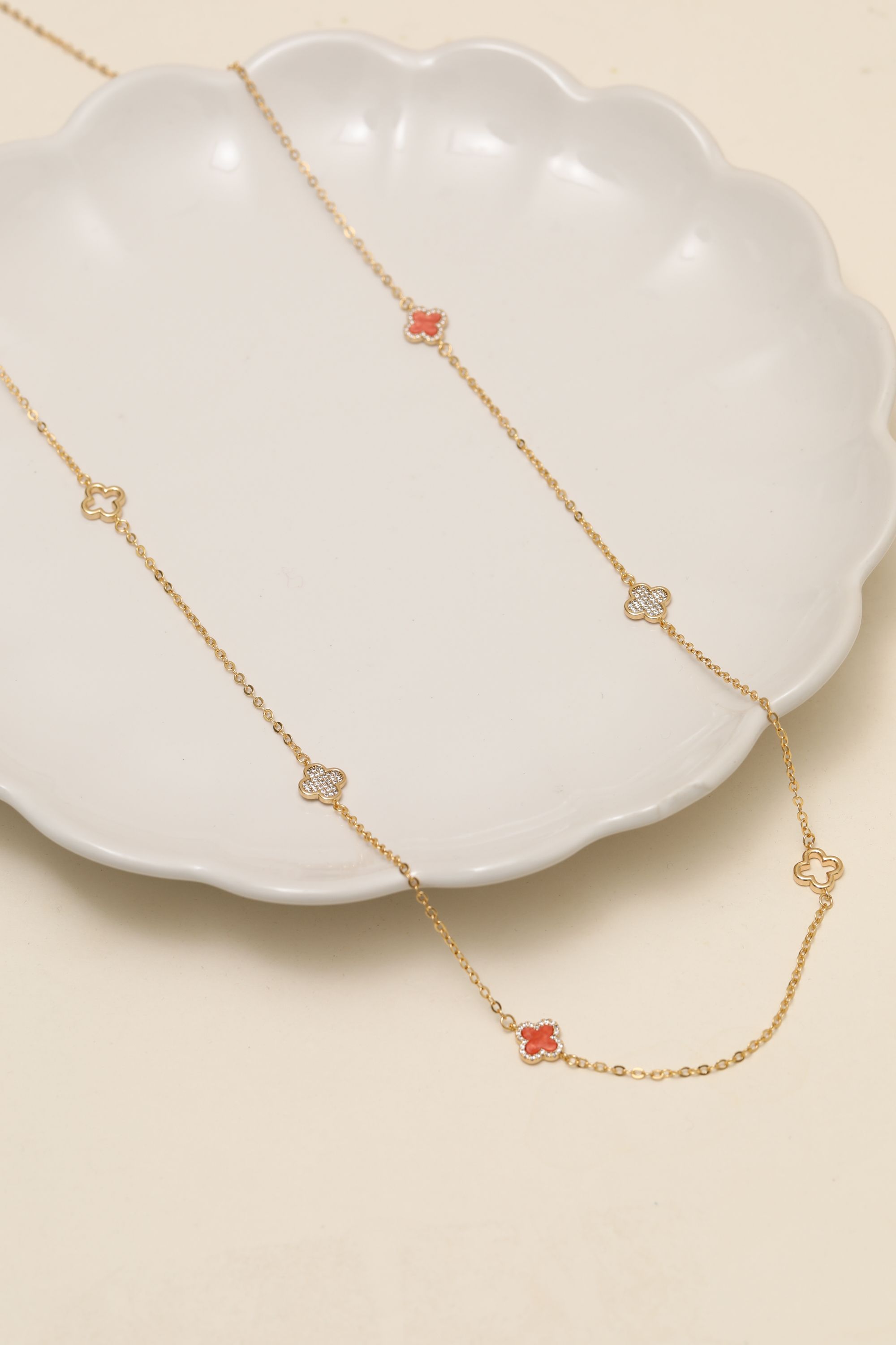 Jon Richard Gold Plated and Coral Long Station Clover Necklace