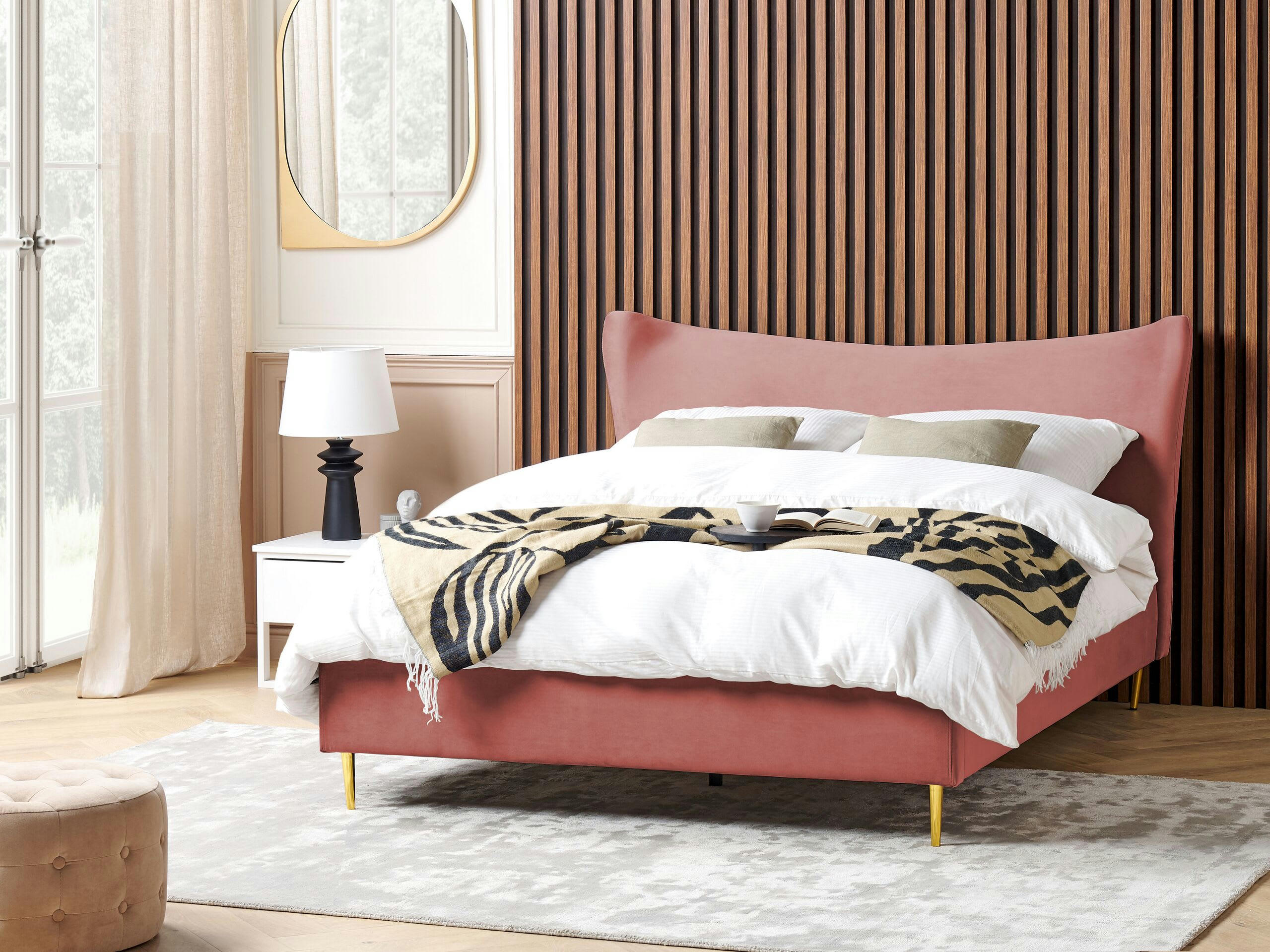 CHALEIX - Lit double en tissu rose 160x200