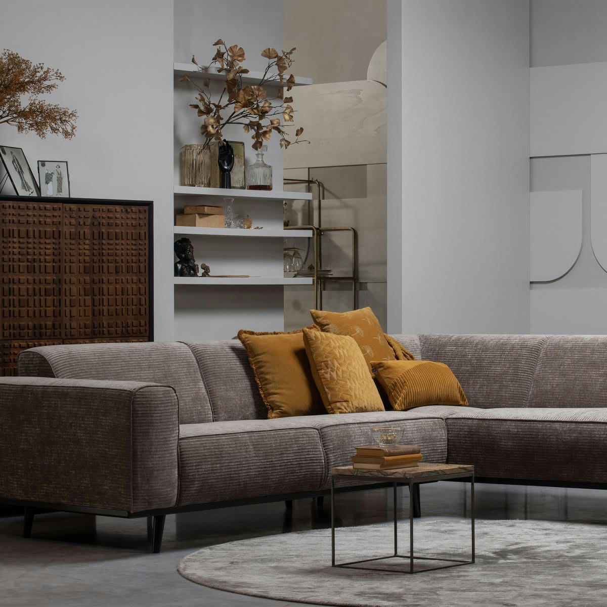 STATEMENT - Canapé d'angle droit 4 places en tissu côtelé taupe