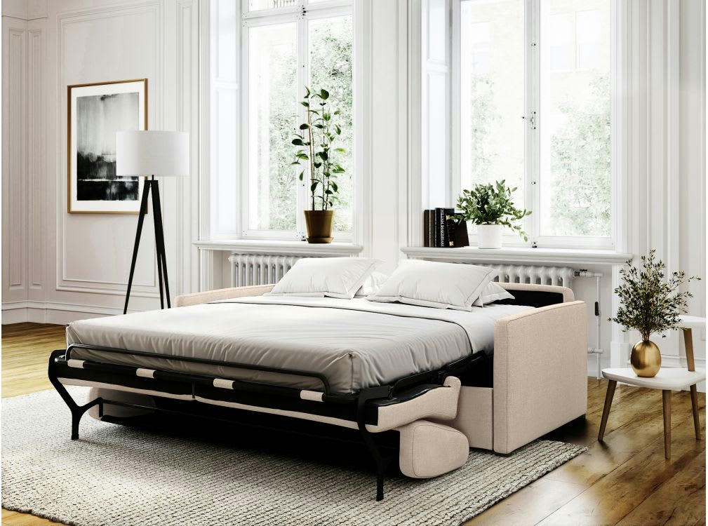 AGATHE - Canapé convertible express 3 places en tissu beige - 140x190cm